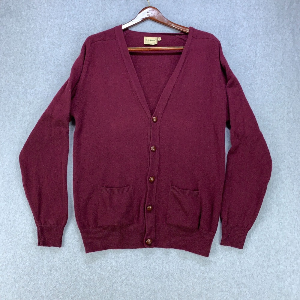 LL Bean Cardigan Sweater Mens Large Tall Burgundy Lambswool Made in Scotland VTG
